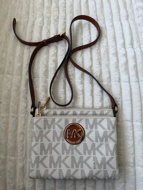 Michael Kors Fulton Crossbody with Brown Strap and Gold MK Medallion